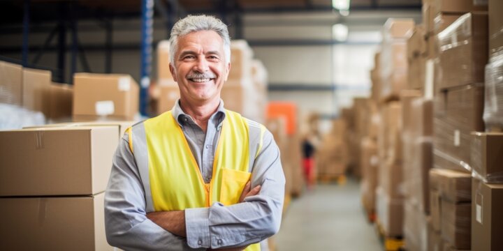 A middle-aged man working in a warehouse sending parcels with boxes. Generative AI.