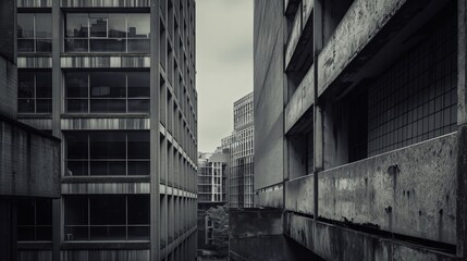 Stark black and white image of modern buildings in an urban setting, showcasing contrasts