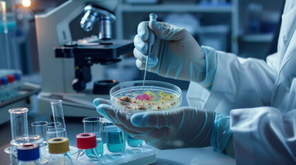 Scientist Examining Bacterial Colonies in Petri Dish