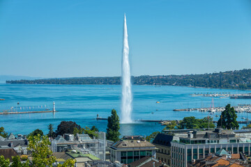 Aerial view of the famous Jet d'Eau and the lake of Geneva (lac Léman) in summer, Switzerland