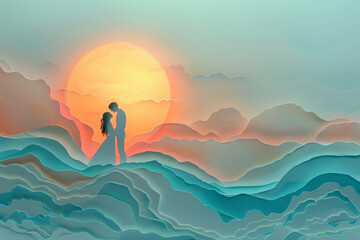 Silhouetted couple sharing a kiss against a vibrant abstract sunset over textured waves, evoking romance and passion..