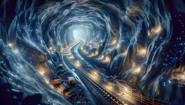 a railway mountain treasury jewel train tunnel geology mine treasure riches cave goldmine ancient underground trolley mineral rock gold valuable glowing crystal gem gemstone mining wealth diamond