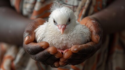 Close-up of a person's gentle hand tenderly cradling a serene small white dove, depicting a caring and peaceful gesture with a sense of tranquility and compassion.