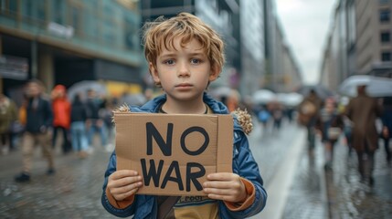 A teenage boy is standing in a city street holding a sign that reads 'no to war' as he protests against war. His determined expression and the urban setting convey the message of peace and activism.