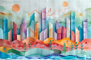 Crédence de cuisine en verre imprimé Montagnes Abstract textured paper collage art depicting a rugged mountain range with intricate details and a varied color palette.