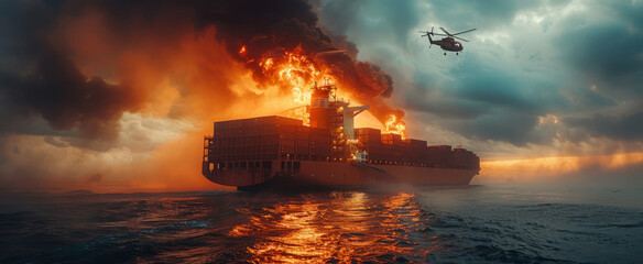 A dramatic scene of a large container ship engulfed in flames and smoke in the open sea. The fire creates a sense of urgency and danger as the vessel battles against the engulfing inferno.
