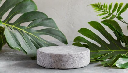 Empty Round gray stone cosmetics product advertising podium stand with tropical leaves background. Empty natural stone pedestal platform to display beauty product. Mockup 