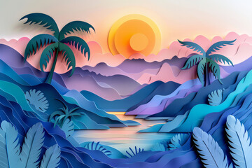 Fototapeta na wymiar Serene paper cutout artwork showcasing layered mountains, a calm river, with a warm sunrise and flying birds in a pastel palette.
