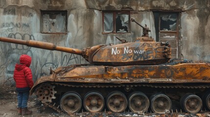 A young child stands solemnly next to a disabled tank with 'no war' graffiti, amidst the heartbreaking scene of military action and civilian destruction.