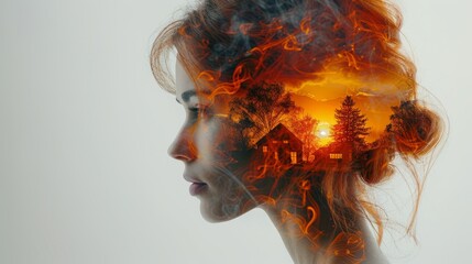 Double exposure portrait of a young woman with a dreamy sunset house overlay. The image showcases a creative and unique artistic concept, blending the beauty of nature with human expression.