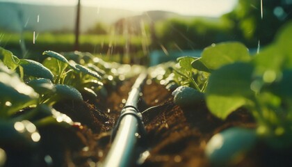 drip irrigation system snaking through a vegetable garden - obrazy, fototapety, plakaty