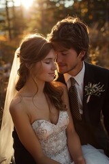 A special moment of love immortalized in a delicate portrait of the bride and groom. Wedding photo showcasing the affectionate embrace between the young man and woman.
