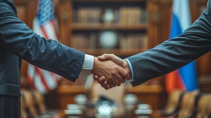 Russian and american diplomats shaking hands in a gesture of peace and friendship agreement, symbolizing international diplomacy and cooperation for a peaceful future between the two nations.