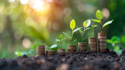 Investment Growth Concept - Stacked Coins and Sprouting Plants on Soil
