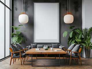 Black painted wooden frame mockup close up on grey wall,Dining Room,green plants, hanging lights, night,Generative AI
