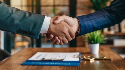 Professional Business Handshake in Office Setting Over Contract Documents
