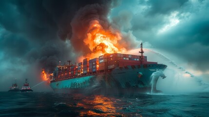 A massive container ship is engulfed in flames and billowing smoke, causing a raging fire on the open sea. The intense inferno creates a dramatic and ominous scene against the vast expanse of ocean.
