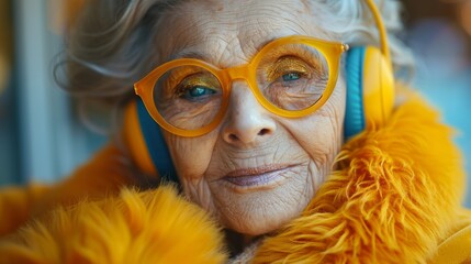 A vibrant image of an elderly woman wearing yellow headphones, immersed in the joy of modern music, showcasing the youthful spirit and timeless love for good tunes.