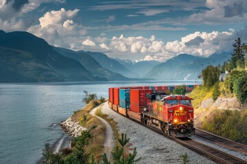 Logistics by Rail: Freight Train Carrying Containers at Sunset - obrazy, fototapety, plakaty