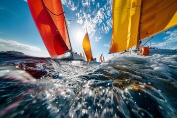 Regatta Thrill: Sailboats Racing with Colorful Sails - obrazy, fototapety, plakaty
