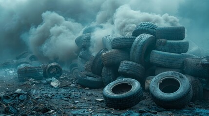 Flames and hazardous fumes billow from a vast tire dump, spreading contamination worldwide. The escalating environmental disaster signals the urgent need for coordinated efforts on a global scale.