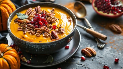 Christmas vegan feast featuring a rich spiced pumpkin smoothie bowl adorned with pomegranate and pecans - obrazy, fototapety, plakaty