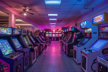 Retro Gaming Sanctuary: Neon Lights and Classic Arcades - obrazy, fototapety, plakaty