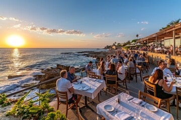 Seaside Restaurant at Sunset, Wide-Angle Ocean View