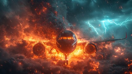 A burning airplane lights up the night sky, its wings engulfed in flames. A catastrophic plane...