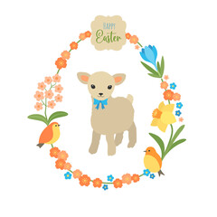 Easter egg frame. Floral border with cute lamb vector illustration. Spring birds and flowers blossom. Fun print cartoon design for Happy Easter greeting card, poster, invitation.