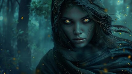 Dark sorceress eyes glowing fiercely harnesses the eerie forests power for her unfathomable spells - obrazy, fototapety, plakaty