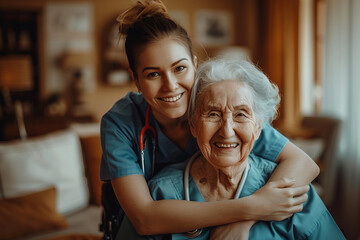 cheerful nurse hugging smiling senior woman
