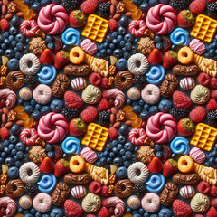 Fototapeta na wymiar Seamless pattern of colorful candies and sweets on a light background, ideal for fabric, wallpaper, or wrapping paper design.