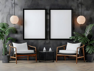Black painted wooden frame mockup close up on black wall,The Lounge Room,green plants, wooden chairs, hanging lights, night,Generative AI