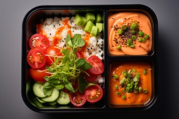 Juicy gazpacho in a bento box against a rice paper background