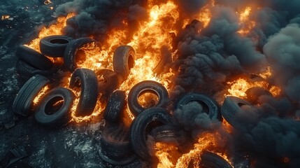 Toxic fumes and flames engulf a sprawling tire dump, contaminating the air with alarming substances. The scene signals the onset of a grave worldwide environmental calamity. - obrazy, fototapety, plakaty