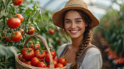 A portrait of a beaming female farmer highlights her happiness and satisfaction with a bountiful harvest, as she proudly poses with a basket filled with ripe tomatoes. Her joy shines through the image