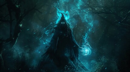 Dark sorceress eyes glowing fiercely harnesses the eerie forests power for her unfathomable spells - obrazy, fototapety, plakaty