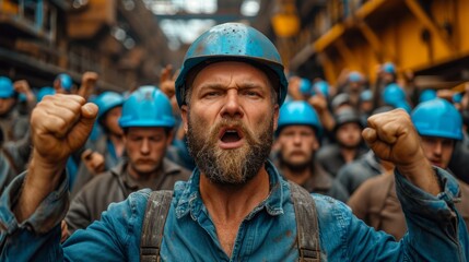 Employees at an industrial plant go on strike. Protesters in hard hats demand better working terms and higher income. - obrazy, fototapety, plakaty
