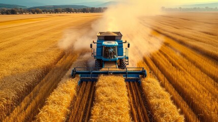 Obraz premium A modern combine harvester actively harvesting golden wheat in a picturesque agricultural field captured from above on a sunny, clear day.