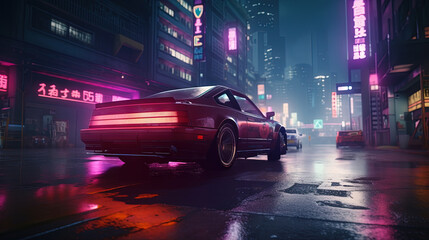 Fototapeta premium Futuristic car on the cybeprunk street in blue and purple synthwave colors. Cool retro supercar on synthwave street.