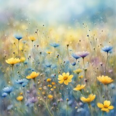 A vibrant meadow filled with yellow, blue, and purple flowers with a blurred dreamy effect, evoking a sense of a soft, enchanted landscape - 762489367