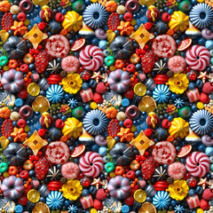 Fototapeta na wymiar Seamless pattern of colorful candies and sweets on a light background, ideal for fabric, wallpaper, or wrapping paper design.