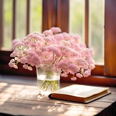 A glass vase filled with pink flowers sits on a wooden table bathed in soft sunlight filtering through a window with an old book - 762489588