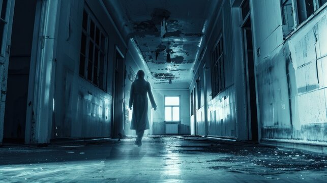 Spooky nurse woman ghost is walking in horror hospital building AI generated image