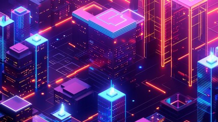 An isometric 3D scene of a neon financial district in the future, with glowing skyscrapers and digital stock tickers - obrazy, fototapety, plakaty