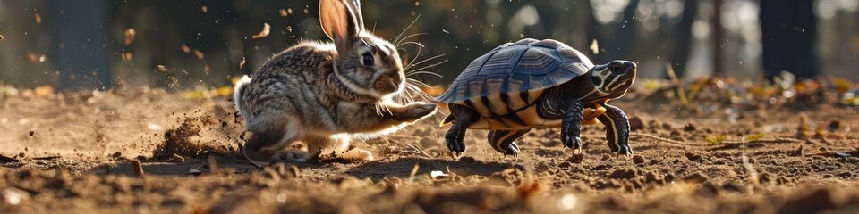 Rabbit vs turtle in a footrace with the turtle surprisingly taking the lead - obrazy, fototapety, plakaty