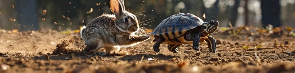 Tuinposter Rabbit vs turtle in a footrace with the turtle surprisingly taking the lead © Shutter2U