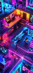 A 3D depiction of a neon-themed HR department, with interviews and meetings conducted in vibrant, engaging atmospheres