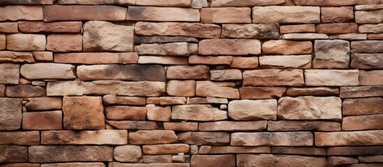 Obraz premium A closeup of a brown brick wall showcasing the beige rectangular bricks forming a beautiful pattern. The building material used is a composite of stone wall and brickwork
